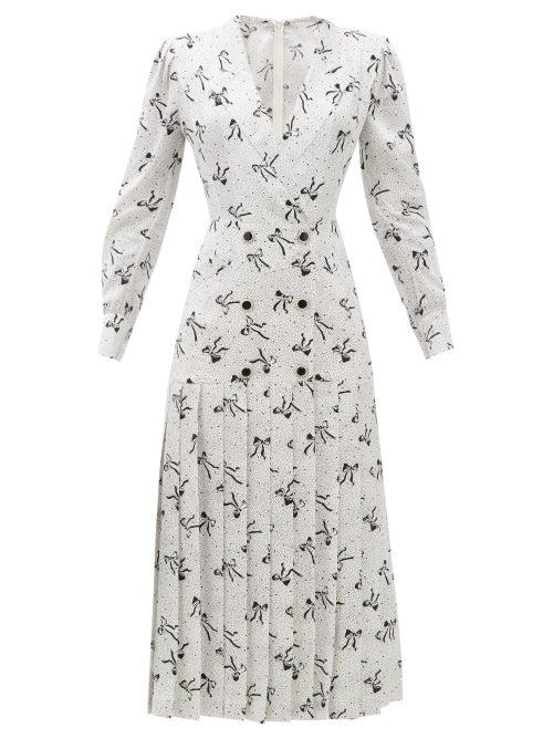 Matchesfashion.com Alessandra Rich - Bow And Dot Print Pleated Skirt Silk Dress - Womens - White Black