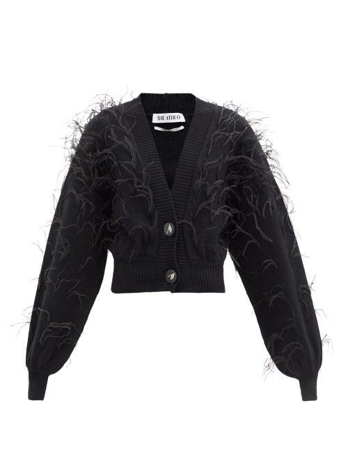 Matchesfashion.com The Attico - Ostrich Feather-trimmed Lambswool Cardigan - Womens - Black