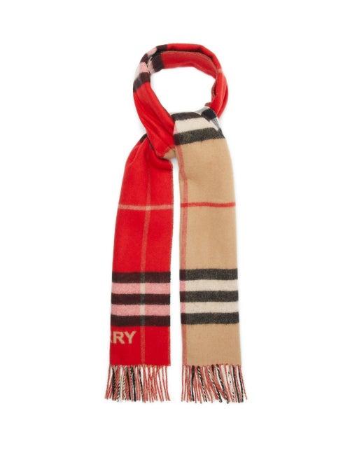 Burberry - Giant Check Fringed Cashmere Scarf - Womens - Red Beige
