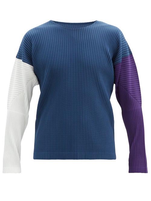 Matchesfashion.com Homme Pliss Issey Miyake - Colour-block Pleated Long-sleeved T-shirt - Mens - Navy Multi
