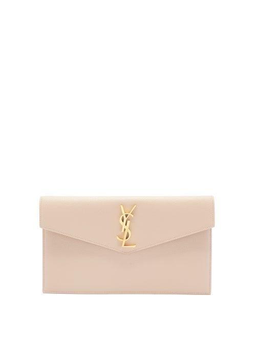 Matchesfashion.com Saint Laurent - Uptown Ysl-plaque Grained-leather Clutch - Womens - Beige