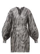 Matchesfashion.com Ganni - Balloon-sleeve Metallic-jacquard Wrap Dress - Womens - Silver
