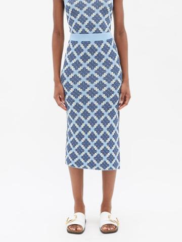 Dodo Bar Or - Ayla Mosaic-jacquard Side-slit Midi Skirt - Womens - Blue Multi