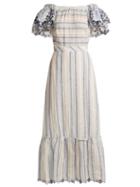 Matchesfashion.com Gl Hrgel - Ruffled Sleeve Striped Linen Dress - Womens - Blue Stripe