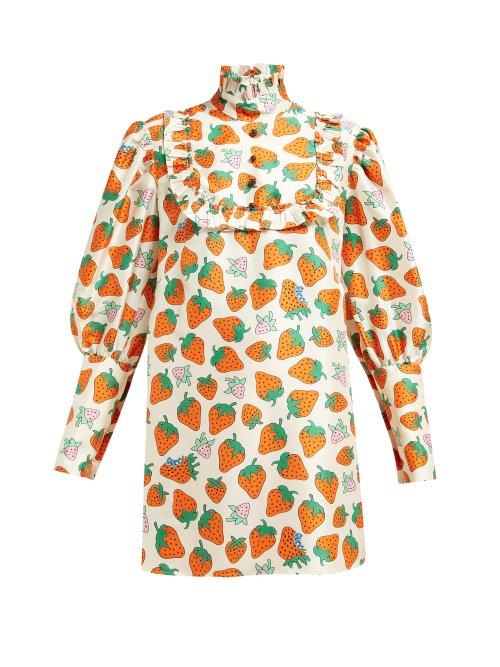 Matchesfashion.com Gucci - Ruffled Strawberry Print Silk Blouse - Womens - Ivory Multi