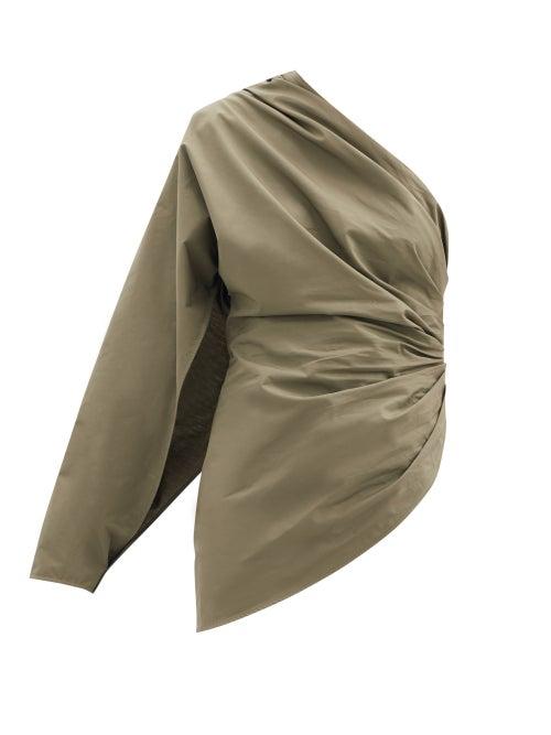 Matchesfashion.com The Attico - One-shoulder Gathered Cotton-poplin Top - Womens - Khaki
