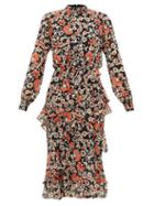 Matchesfashion.com Saloni - Isa Tiered Starfruit-print Silk Midi Dress - Womens - Black Multi