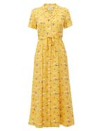 Matchesfashion.com Hvn - Maria Seagull Print Silk Midi Dress - Womens - Yellow