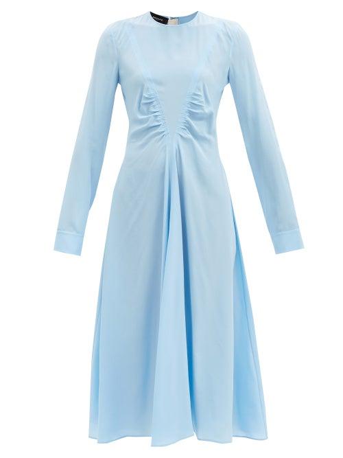 Matchesfashion.com Rochas - Gathered V-shape Silk-crepe Midi Dress - Womens - Blue