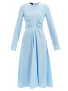 Matchesfashion.com Rochas - Gathered V-shape Silk-crepe Midi Dress - Womens - Blue