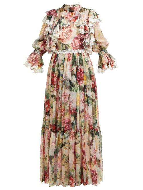 Matchesfashion.com Dolce & Gabbana - Floral Print Ruffled Silk Blend Chiffon Gown - Womens - White Multi