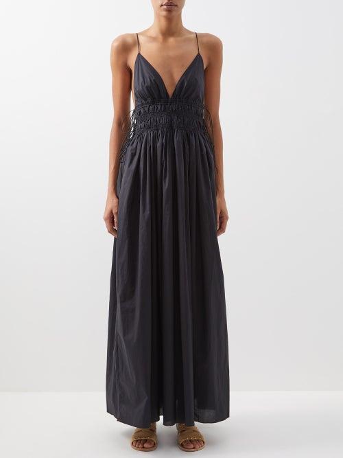 Matteau - Gathered Organic-cotton Poplin Maxi Dress - Womens - Black