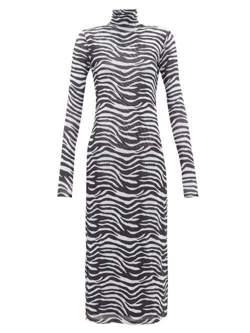 Matchesfashion.com Staud - Zebra-print Metallic-lined Mesh Midi Dress - Womens - White Black
