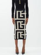 Balmain - Monogram-jacquard Wool-blend Pencil Skirt - Womens - Black White