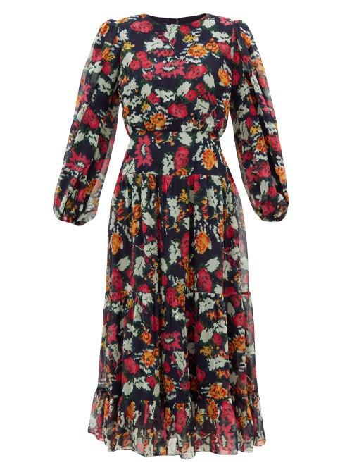 Matchesfashion.com Saloni - Isabel Floral-print Silk-chiffon Midi Dress - Womens - Navy Multi