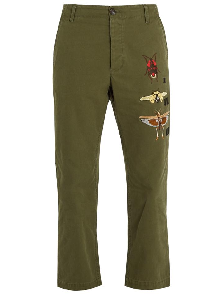 Gucci Insect-embroidered Cropped Cotton Chino Trousers