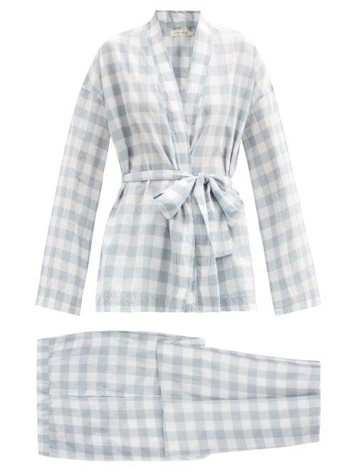 Ladies Lingerie General Sleep - Wrap Organic-cotton Gingham Pyjama Set - Womens - Blue Print