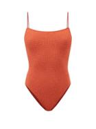 Totme - Scoop-back Smocked Swimsuit - Womens - Rust Orange
