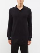 Brioni - Open-collar Ribbed-knit Polo Shirt - Mens - Dark Blue