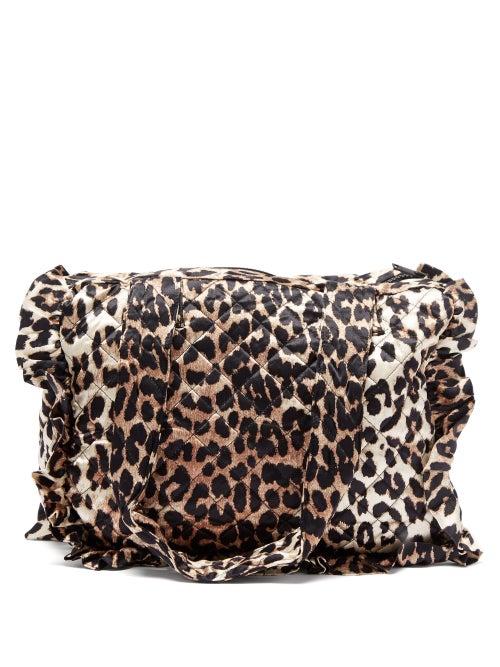 Ganni - Ruffled Leopard-print Quilted Satin Tote Bag - Womens - Leopard