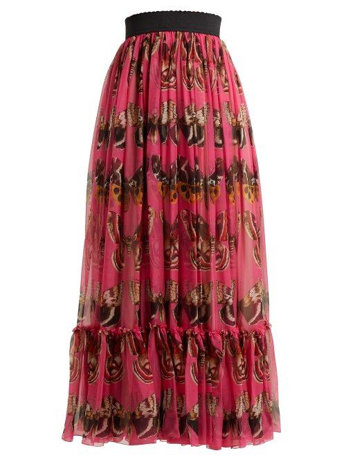 Matchesfashion.com Dolce & Gabbana - Butterfly Print Silk Chiffon Maxi Skirt - Womens - Pink Print