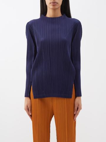 Pleats Please Issey Miyake - High-neck Technical-pleated Jersey Top - Womens - Navy