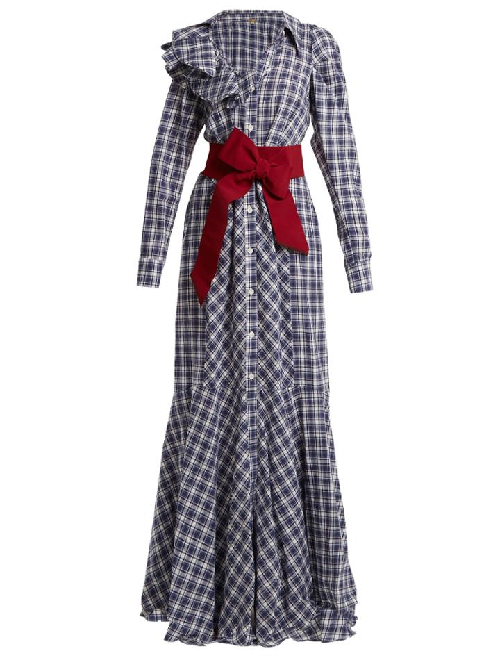 Johanna Ortiz Ruffle-trimmed Tartan Belted Linen-blend Dress