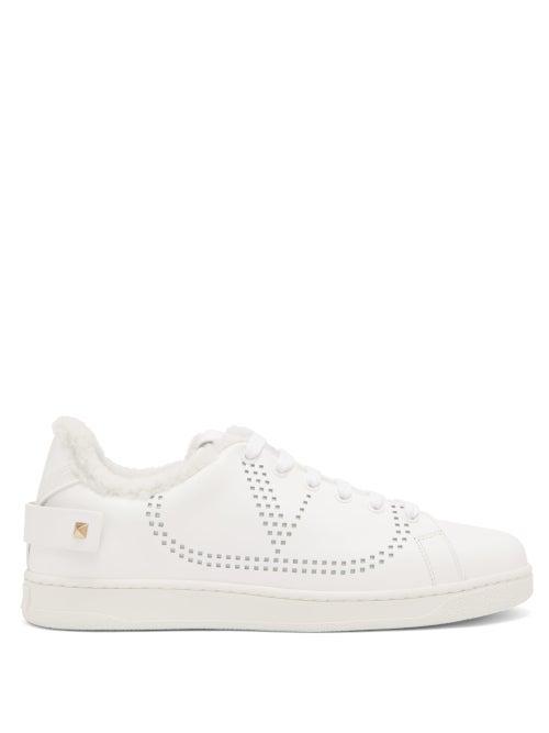Matchesfashion.com Valentino - Perforated Logo Shearling Lined Leather Trainers - Womens - White