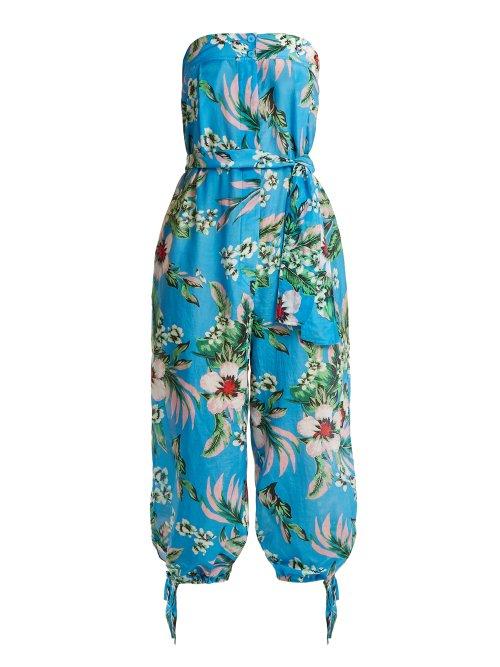 Matchesfashion.com Diane Von Furstenberg - Floral Print Strapless Cotton Blend Jumpsuit - Womens - Blue Print