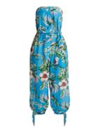 Matchesfashion.com Diane Von Furstenberg - Floral Print Strapless Cotton Blend Jumpsuit - Womens - Blue Print