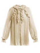 Matchesfashion.com Gucci - Ruffle Trimmed Pleated Silk Chiffon Blouse - Womens - Beige