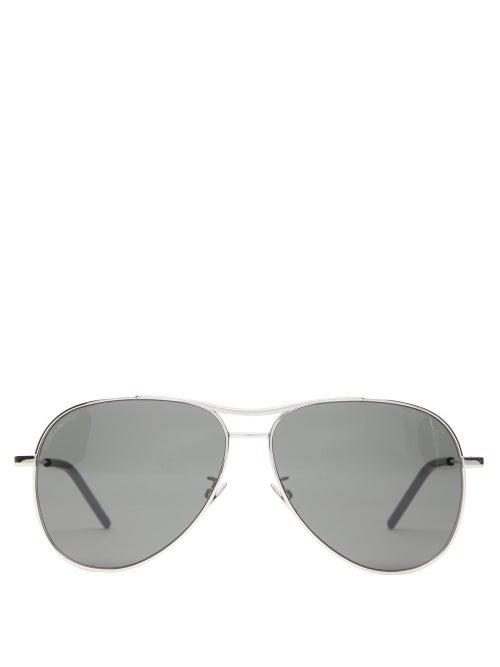 Matchesfashion.com Saint Laurent - Engraved Bridge Aviator Metal Sunglasses - Womens - Black Silver