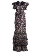 Matchesfashion.com Johanna Ortiz - Dark Florals Ruffle Trimmed Gown - Womens - Blue Multi