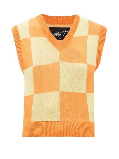 Elzinga - Checkboard-jacquard Sleeveless Sweater - Womens - Orange Multi