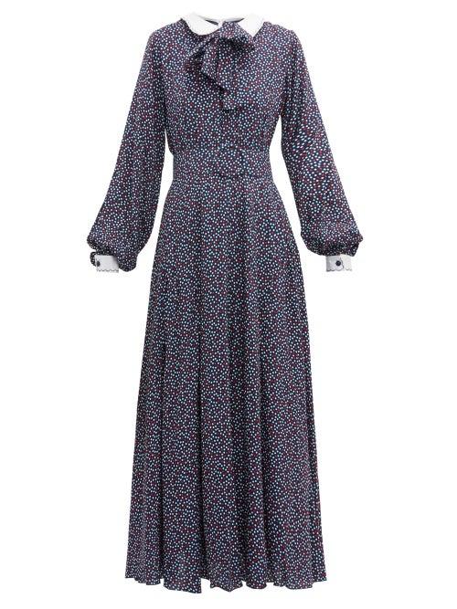 Matchesfashion.com Gl Hrgel - Pussy Bow Polka Dot Jersey Maxi Dress - Womens - Blue Print