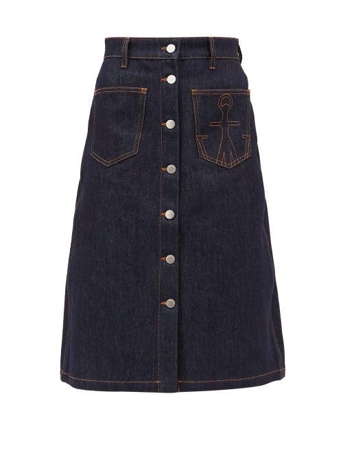 Matchesfashion.com Jw Anderson - Logo-embroidered A-line Denim Skirt - Womens - Dark Denim