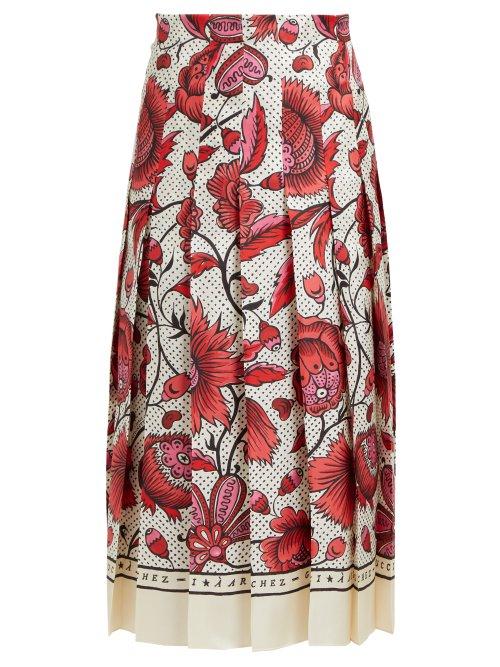 Matchesfashion.com Gucci - Alsacienne Print Pleated Silk Skirt - Womens - Pink Multi