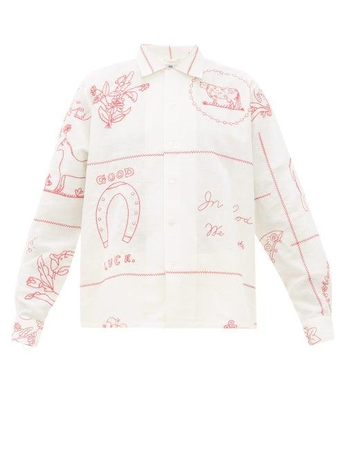 Matchesfashion.com Bode - Edwardian Redwork Embroidered Linen Blend Shirt - Womens - White