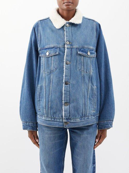Raey - Faux-shearling Organic Cotton-blend Denim Jacket - Womens - Dark Blue