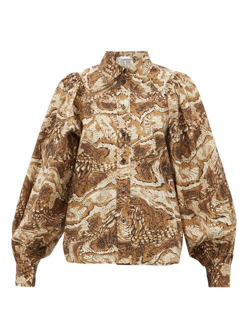 Matchesfashion.com Ganni - Tiger's Eye Print Cotton Poplin Shirt - Womens - Beige