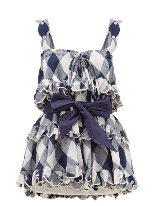 Matchesfashion.com Innika Choo - Iva Gudtais Checked Ruffled Cotton Mini Dress - Womens - Navy