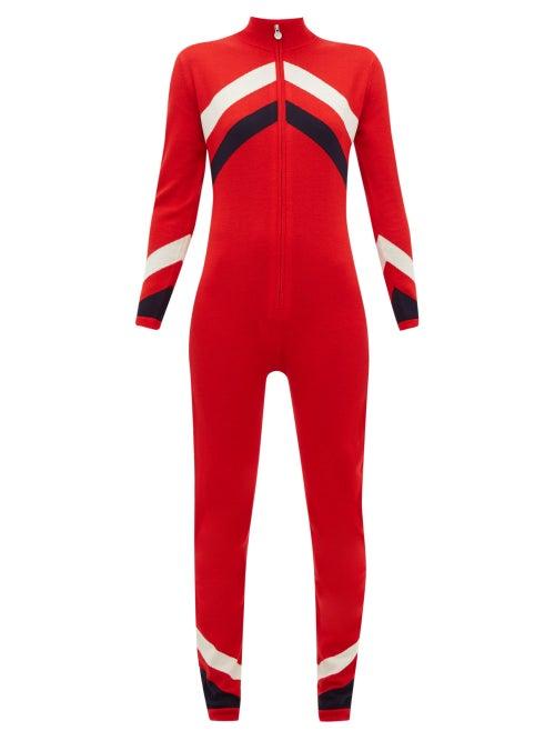 Matchesfashion.com Perfect Moment - Chevron Striped Merino Wool Knitted Jumpsuit - Womens - Red