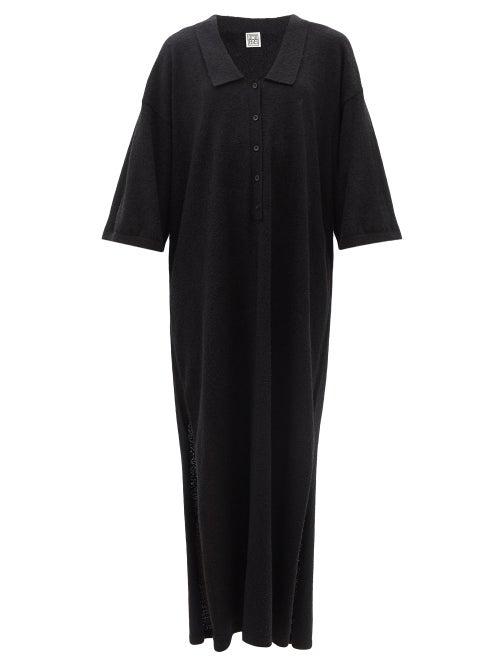 Ladies Beachwear Totme - Collared V-neck Cotton-blend Terry Midi Dress - Womens - Black