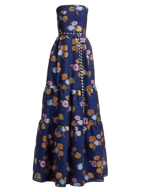 Matchesfashion.com Peter Pilotto - Tiered Floral Fil Coup Cloqu Gown - Womens - Navy Multi