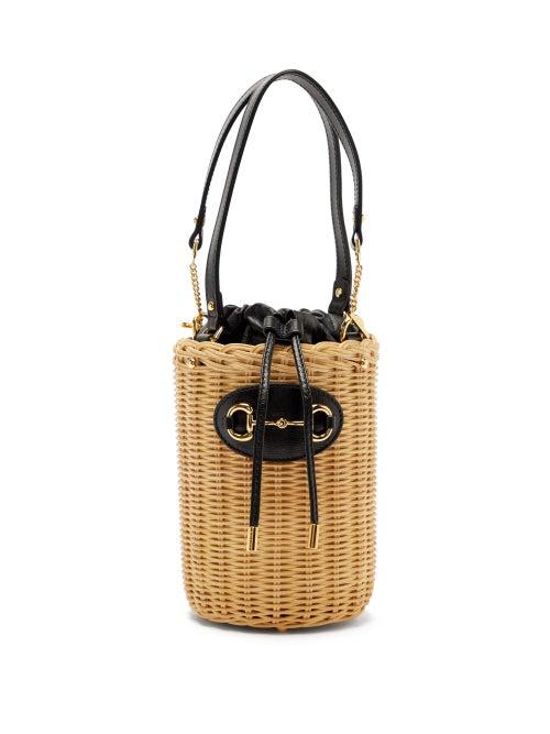 Ladies Bags Gucci - Horsebit 1955 Wicker And Leather Bucket Bag - Womens - Black Multi