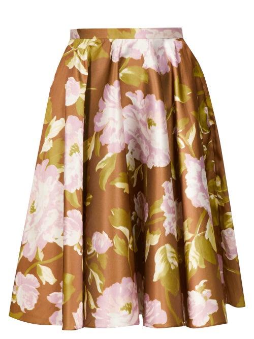 Matchesfashion.com Rochas - Floral Print Satin Skirt - Womens - Green Multi