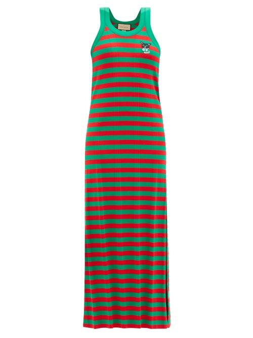 Ladies Rtw Gucci - Cat-embroidered Striped Cotton-jersey Dress - Womens - Green Red