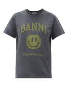 Matchesfashion.com Ganni - Smiling Face-print Jersey T-shirt - Womens - Dark Grey