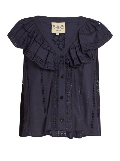Sea Ruffled Sailor-bib Lace-trimmed Cotton Top