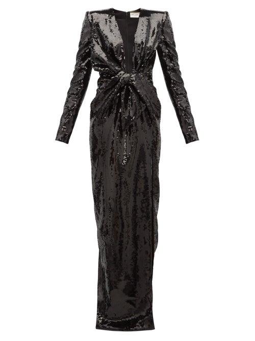 Matchesfashion.com Saint Laurent - Bow Plunge Neck Sequinned Gown - Womens - Black